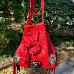 NWOT Red Leather Bucket Bag with Western Fringe